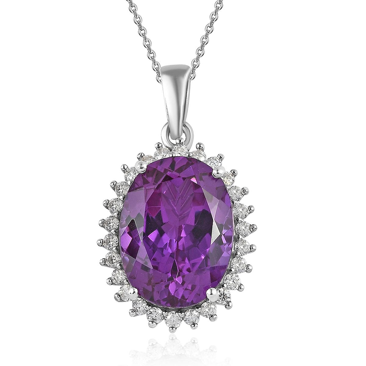 Lab Grown Color Change Sapphire and Moissanite Sunburst Pendant Necklace 20 Inches in Platinum Over Sterling Silver 14.90 ctw