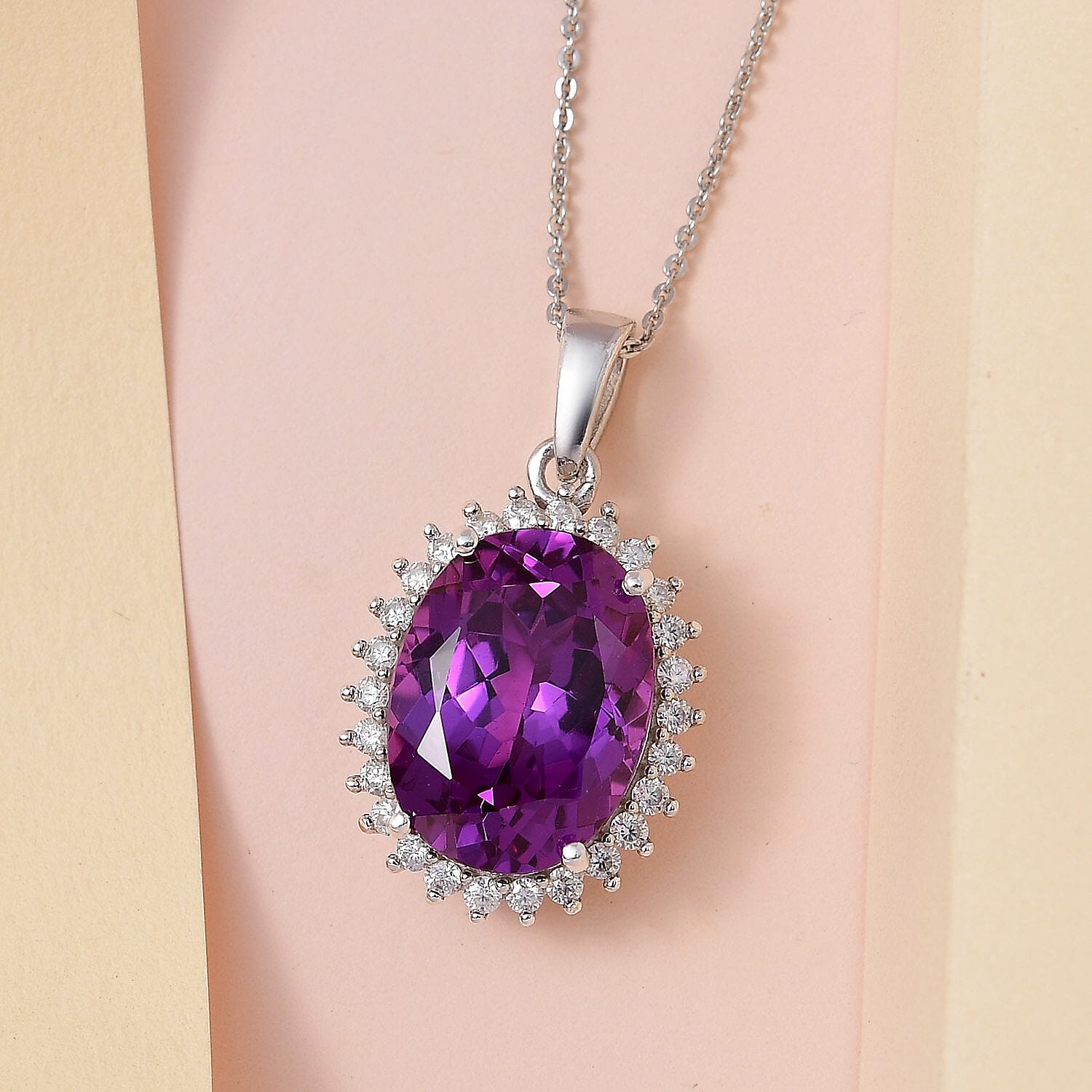 Lab Grown Color Change Sapphire and Moissanite Sunburst Pendant Necklace 20 Inches in Platinum Over Sterling Silver 14.90 ctw