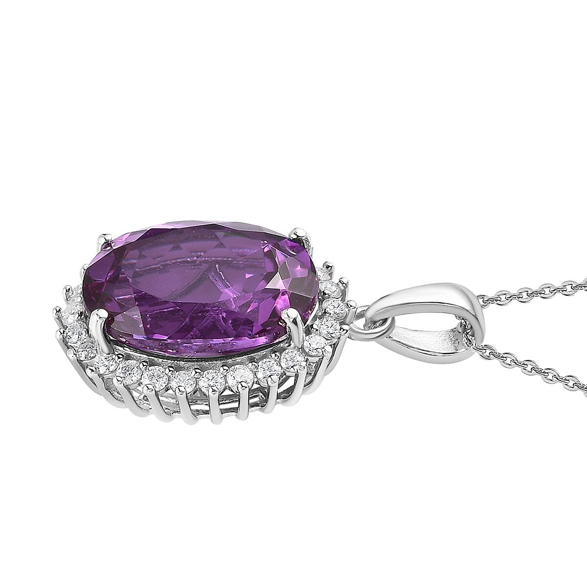 Lab Grown Color Change Sapphire and Moissanite Sunburst Pendant Necklace 20 Inches in Platinum Over Sterling Silver 14.90 ctw