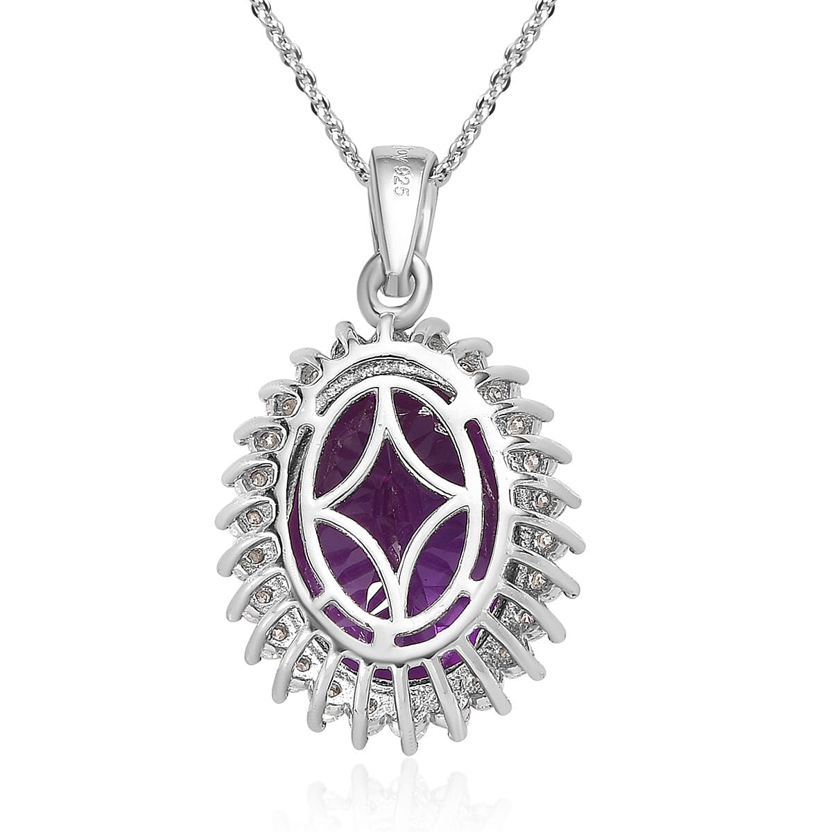 Lab Grown Color Change Sapphire and Moissanite Sunburst Pendant Necklace 20 Inches in Platinum Over Sterling Silver 14.90 ctw