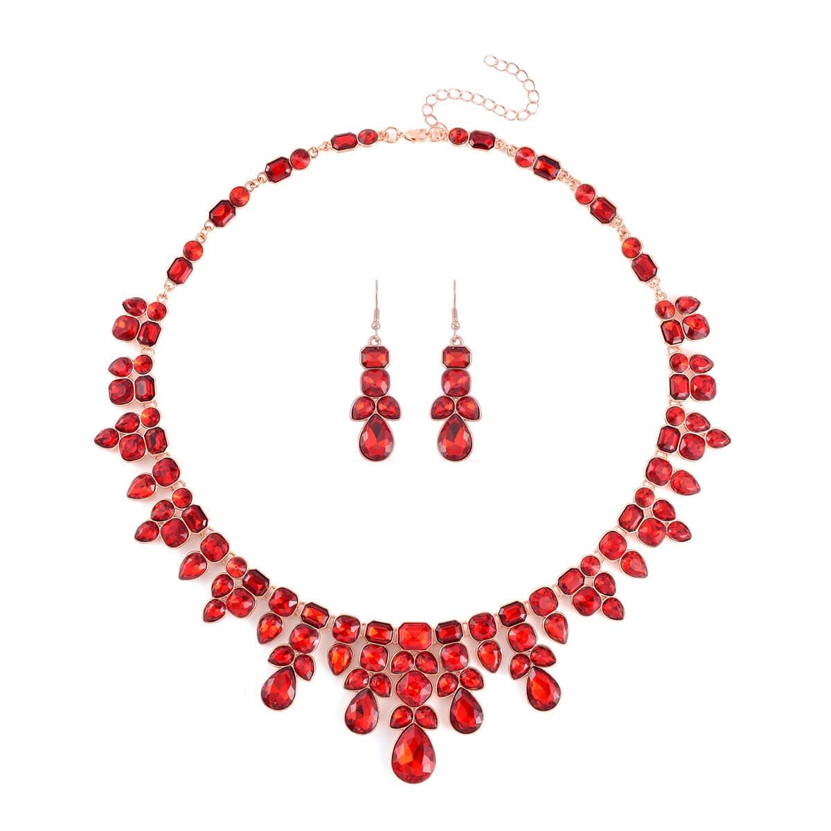 Red Austrian Crystal Necklace 20-23 Inches and Dangle Earrings in Rosetone image number 0