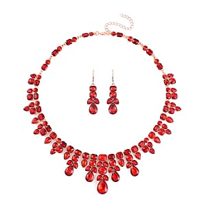 Red Austrian Crystal Necklace 20-23 Inches and Dangle Earrings in Rosetone