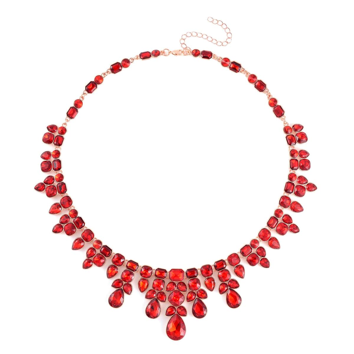 Red Austrian Crystal Necklace 20-23 Inches and Dangle Earrings in Rosetone image number 2