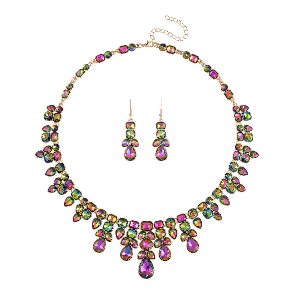 Mystic Green Austrian Crystal Necklace 20-23 Inches and Dangle Earrings in Goldtone image number 0