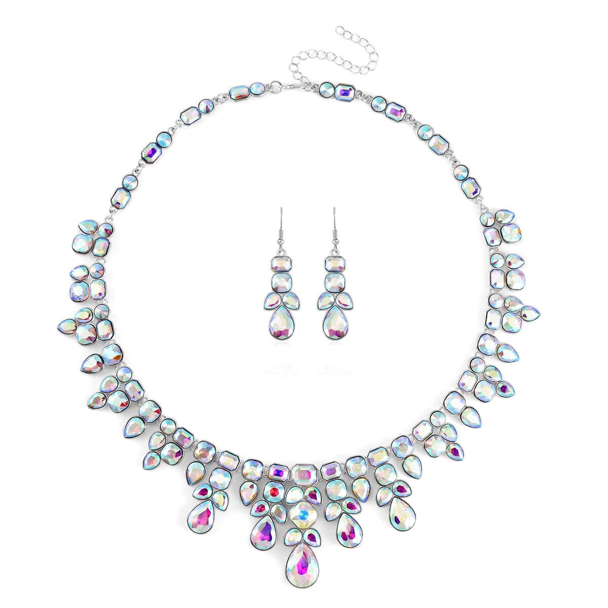 White Mystic Austrian Crystal Necklace 20-23 Inches and Dangle Earrings in Silvertone image number 0