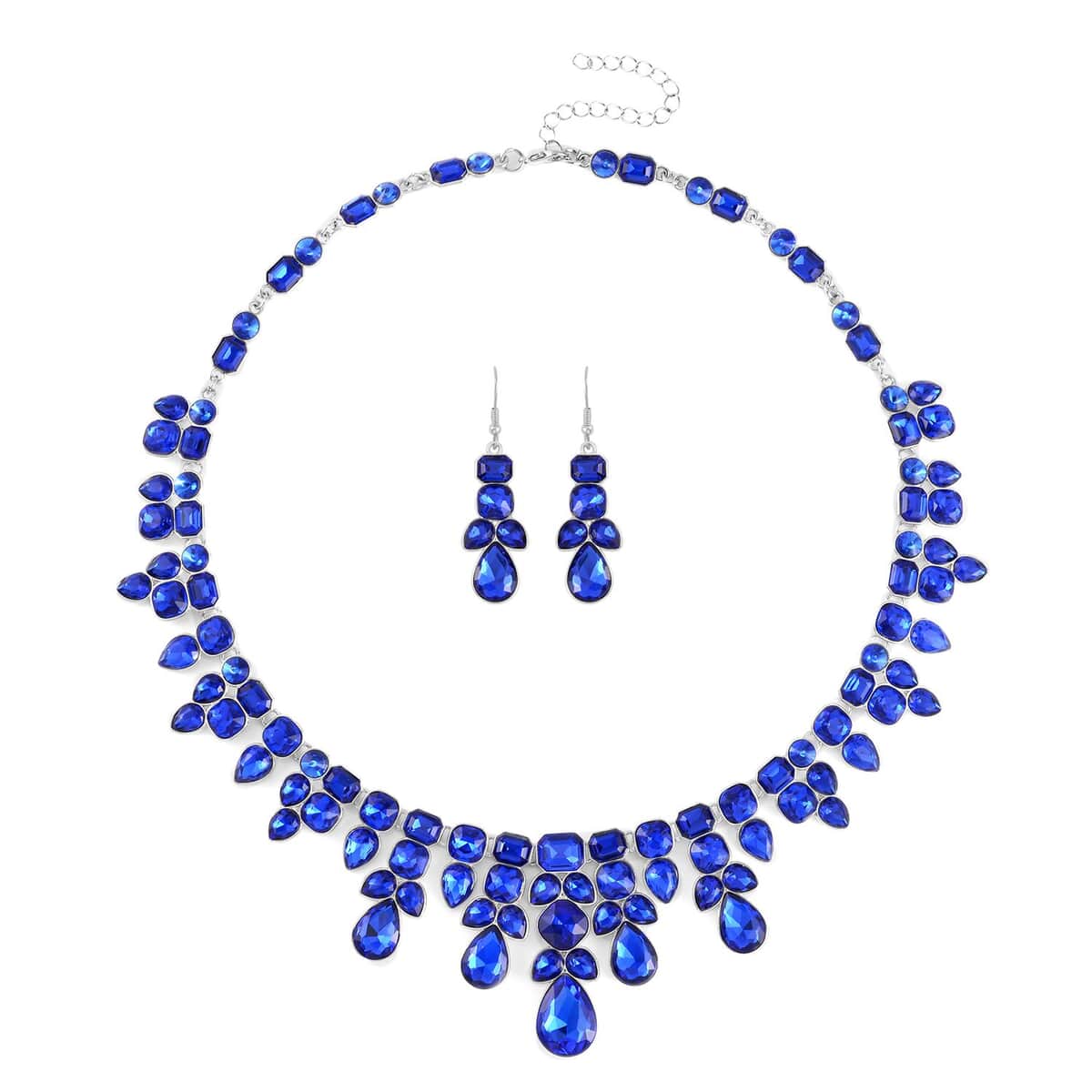 Blue Mystic Austrian Crystal Necklace 20-23 Inches and Dangle Earrings in Silvertone image number 0