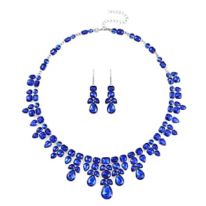 Blue Mystic Austrian Crystal Necklace 20-23 Inches and Dangle Earrings in Silvertone