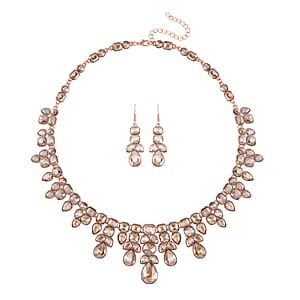 Champagne Austrian Crystal Necklace 20-23 Inches and Dangle Earrings in Rosetone