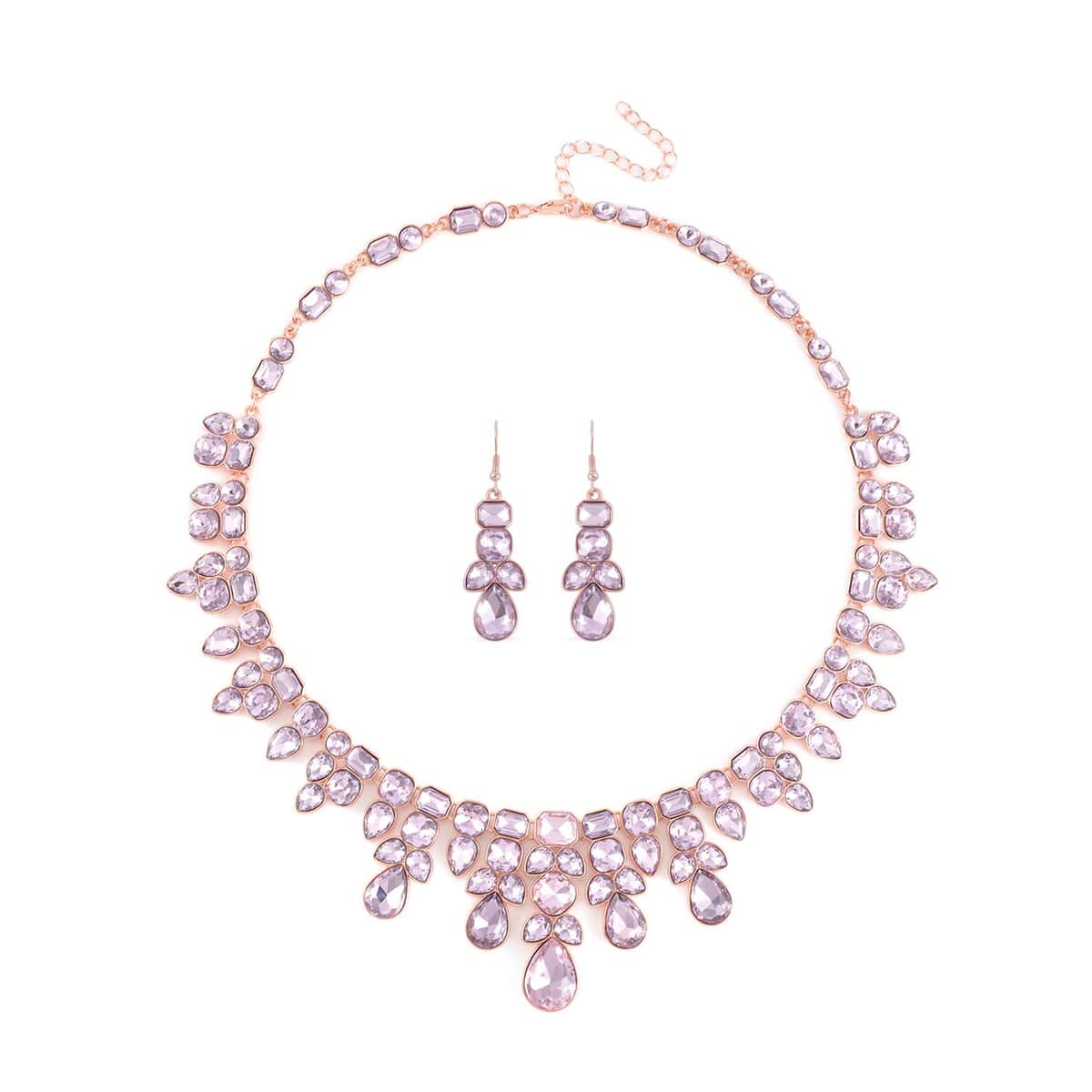 Pink Austrian Crystal Necklace 20-23 Inches and Dangle Earrings in Rosetone image number 0