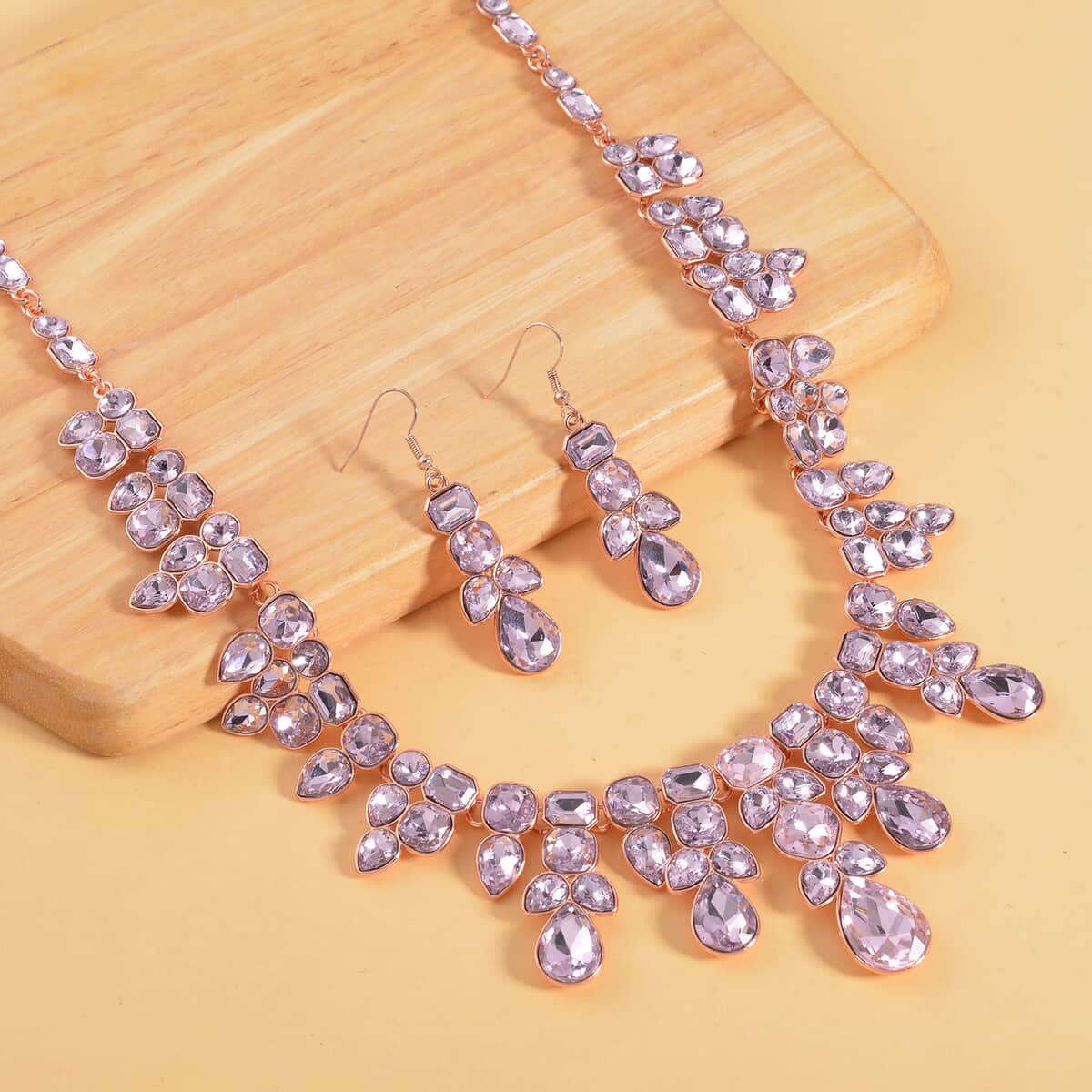 Pink Austrian Crystal Necklace 20-23 Inches and Dangle Earrings in Rosetone image number 1