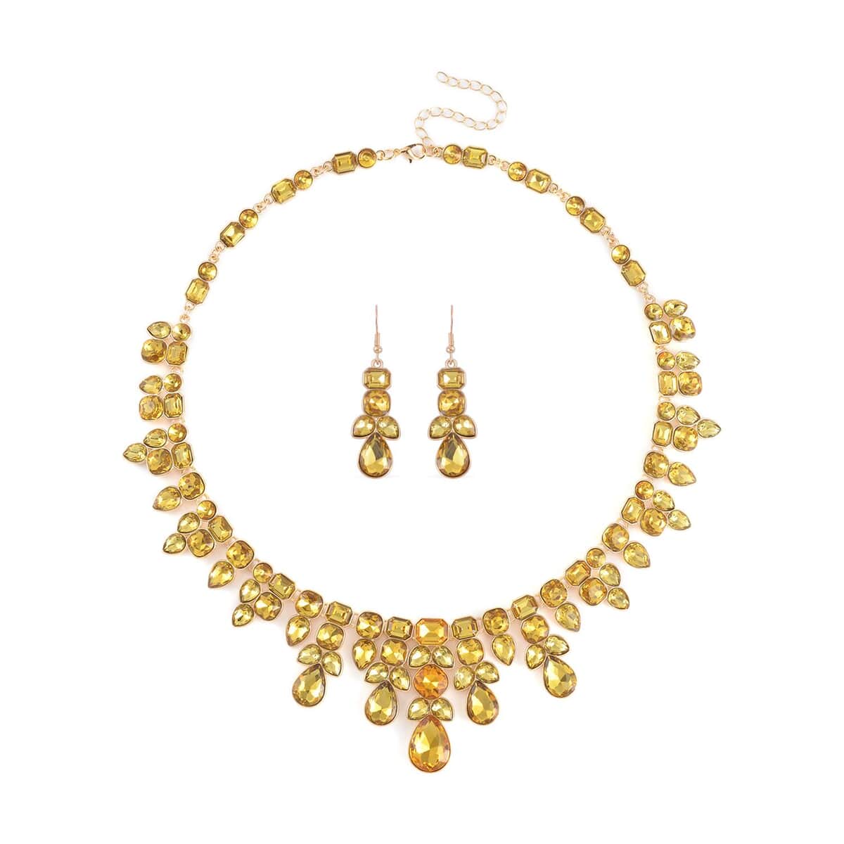 Yellow Austrian Crystal Necklace (20-23 Inches) and Dangle Earrings in Goldtone image number 0