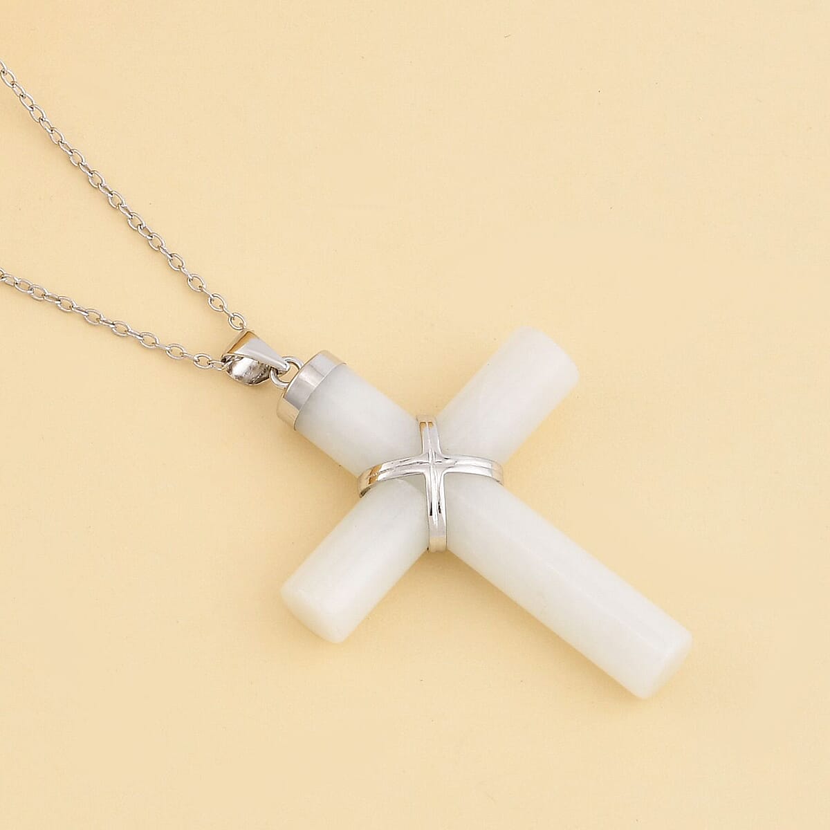 Christmas Cross White Jade Pendant Necklace 18 Inches in Rhodium Over Sterling Silver 21.00 ctw image number 1