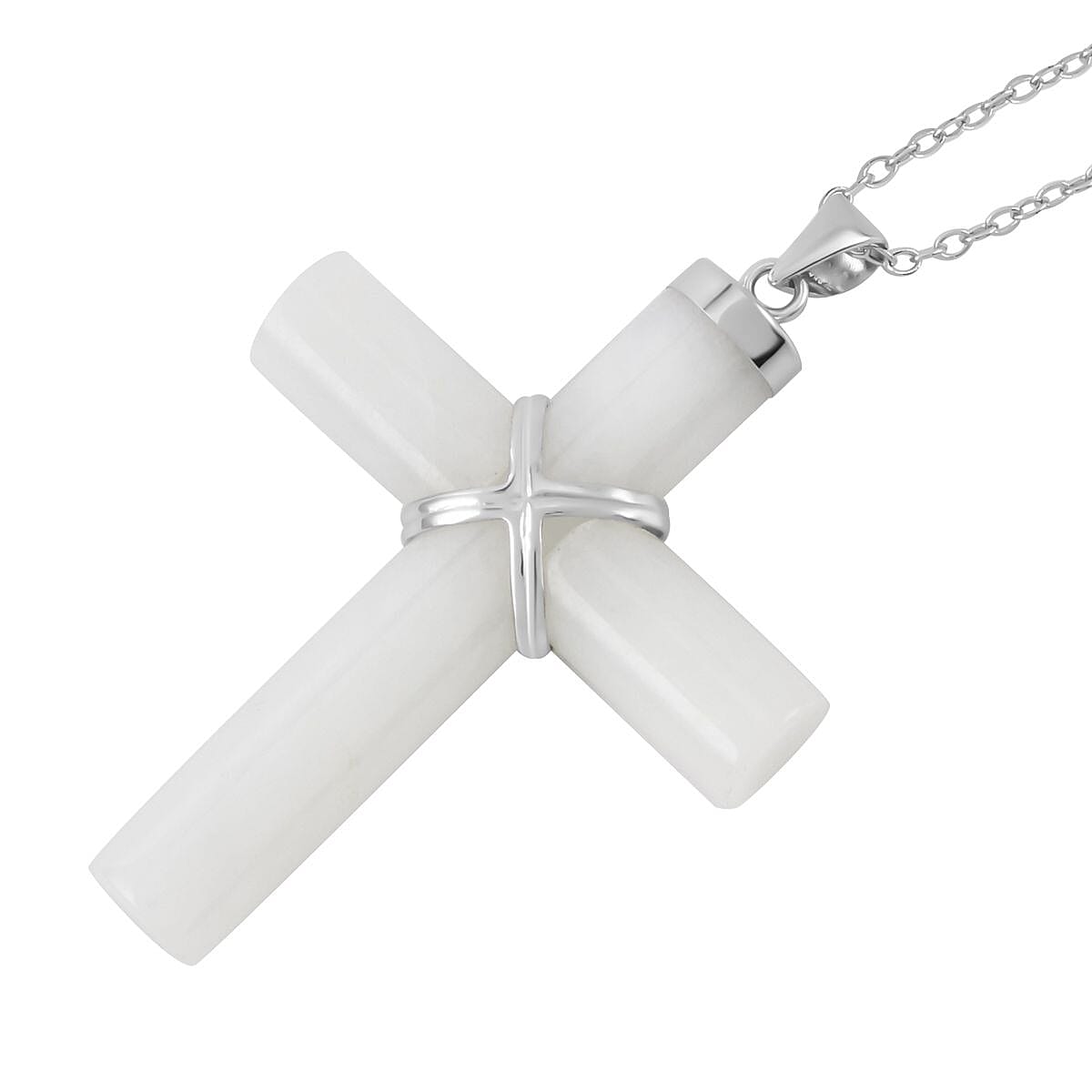 Christmas Cross White Jade Pendant Necklace 18 Inches in Rhodium Over Sterling Silver 21.00 ctw image number 3