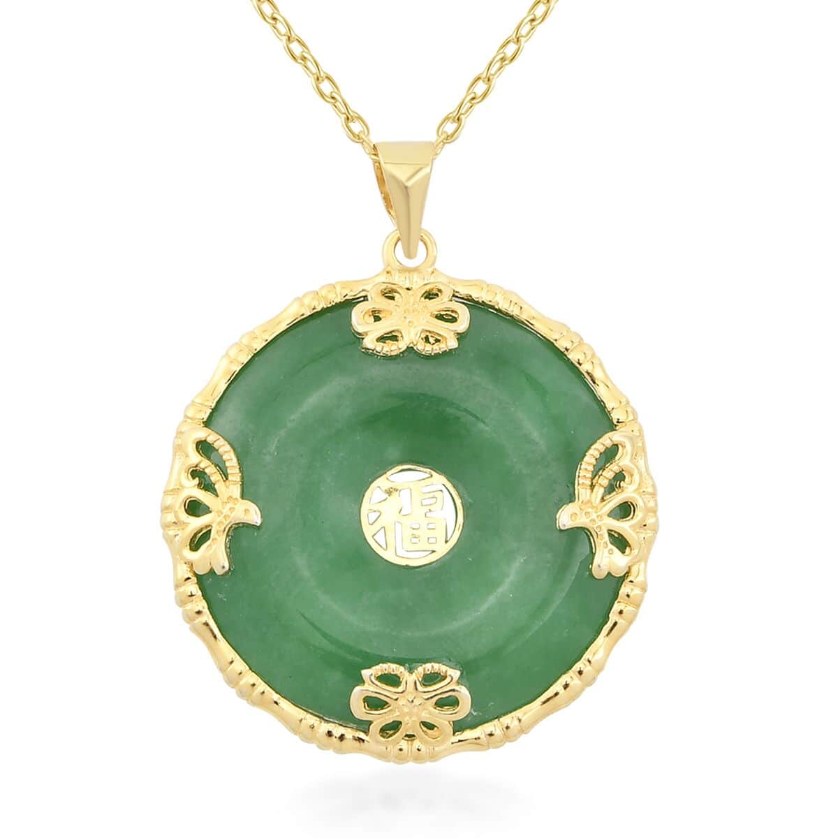 Green Jade (D) Bi-Disc Pendant Necklace 18 Inches in 14K Yellow Gold Over Sterling Silver 25.50 ctw image number 0