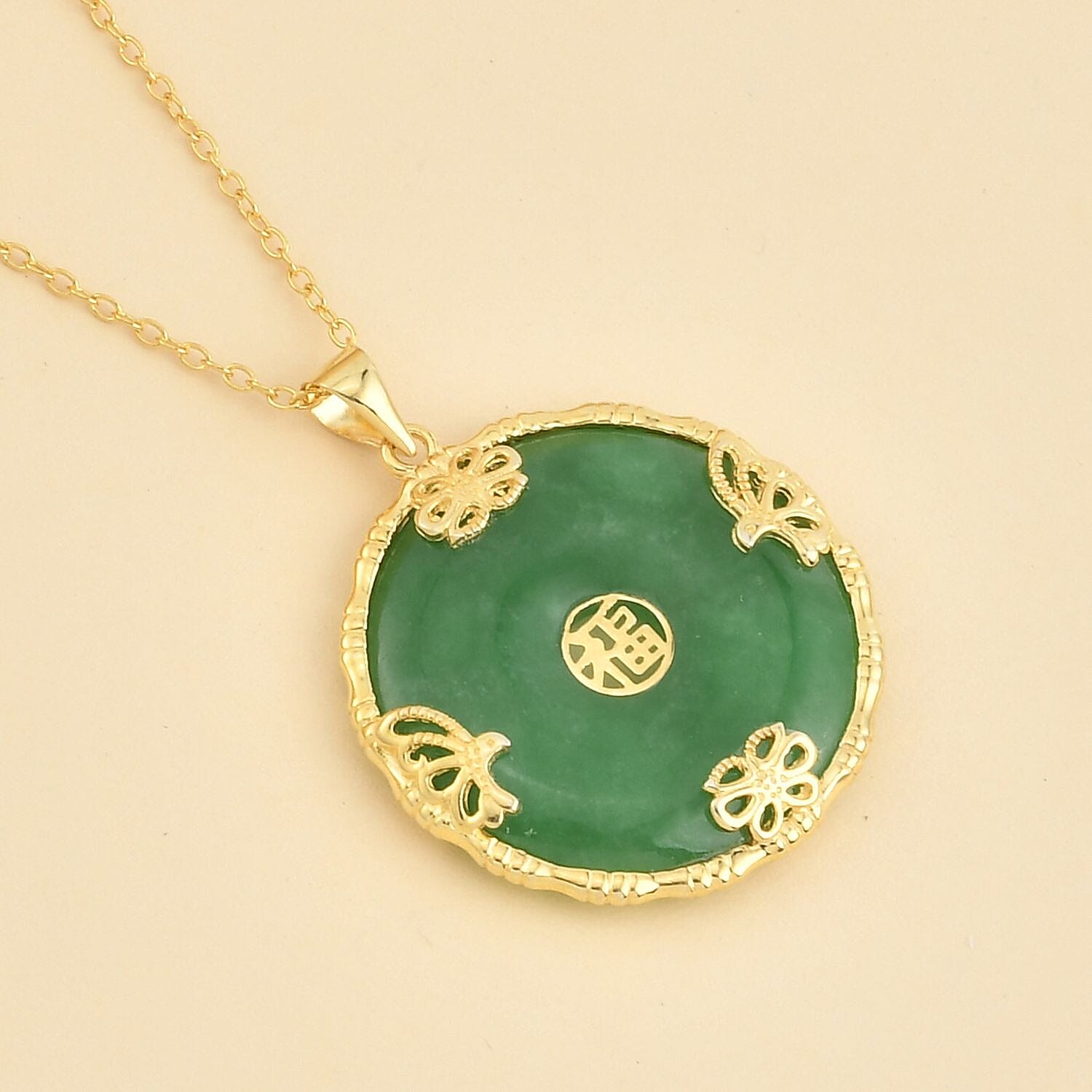 Green Jade (D) Bi-Disc Pendant Necklace 18 Inches in 14K Yellow Gold Over Sterling Silver 25.50 ctw