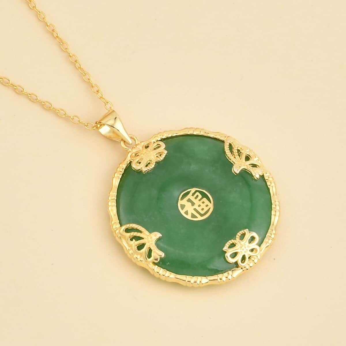Green Jade (D) Bi-Disc Pendant Necklace 18 Inches in 14K Yellow Gold Over Sterling Silver 25.50 ctw image number 1