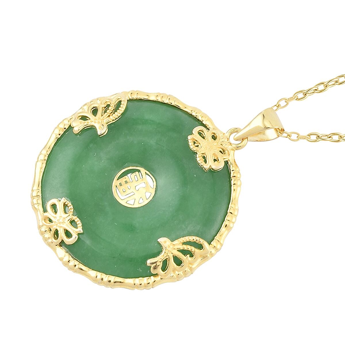 Green Jade (D) Bi-Disc Pendant Necklace 18 Inches in 14K Yellow Gold Over Sterling Silver 25.50 ctw