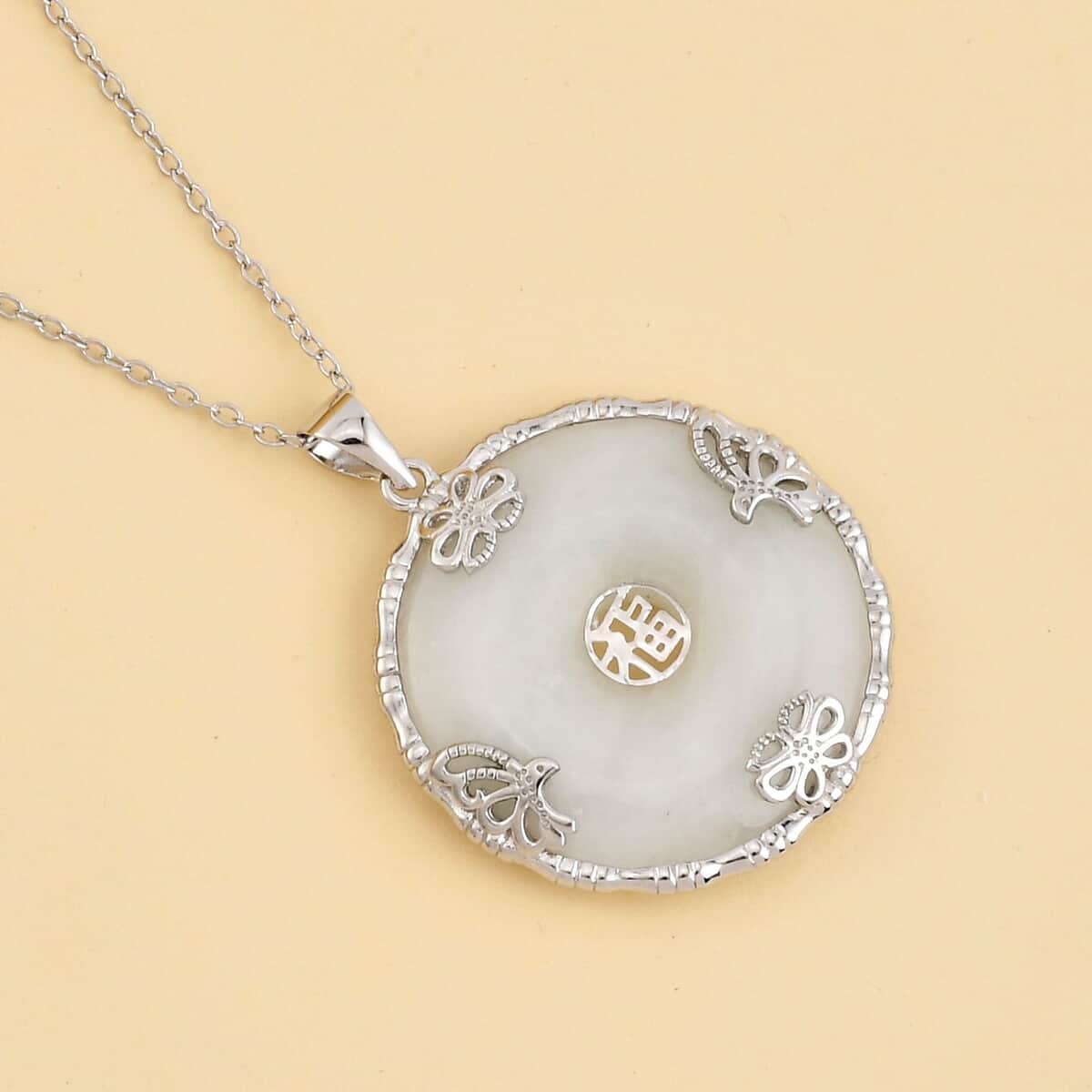 White Jade Bi-Disc Pendant Necklace 18 Inches in Rhodium Over Sterling Silver 26.20 ctw image number 1