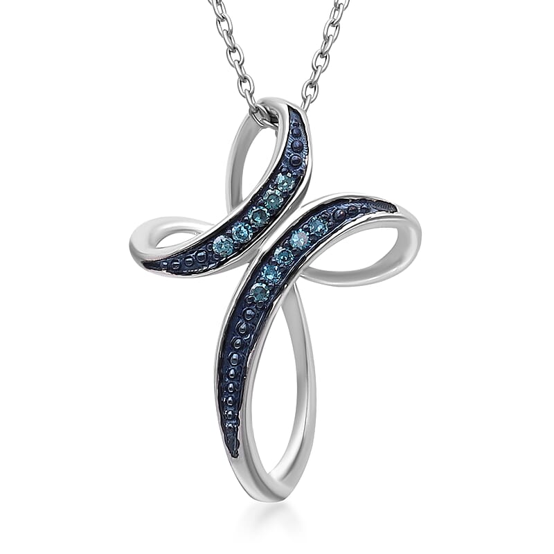 Venice Blue Diamond I1-I2 Cross Pendant Necklace 20 Inches in Platinum Over Sterling Silver 0.05 ctw