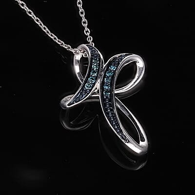 Venice Blue Diamond I1-I2 Cross Pendant Necklace 20 Inches in Platinum Over Sterling Silver 0.05 ctw