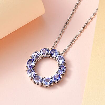 Tanzanite Circle Pendant Necklace 20 Inches in Platinum Over Sterling Silver 1.65 ctw