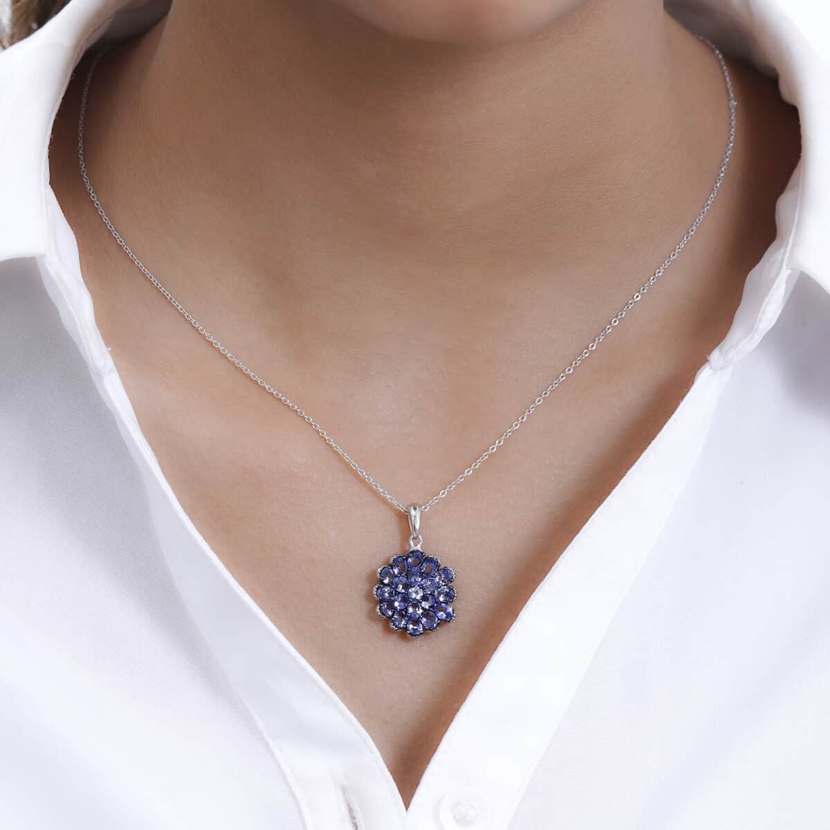 Tanzanite Cluster Pendant Necklace 20 Inches in Platinum Over Sterling Silver 3.25 ctw image number 2