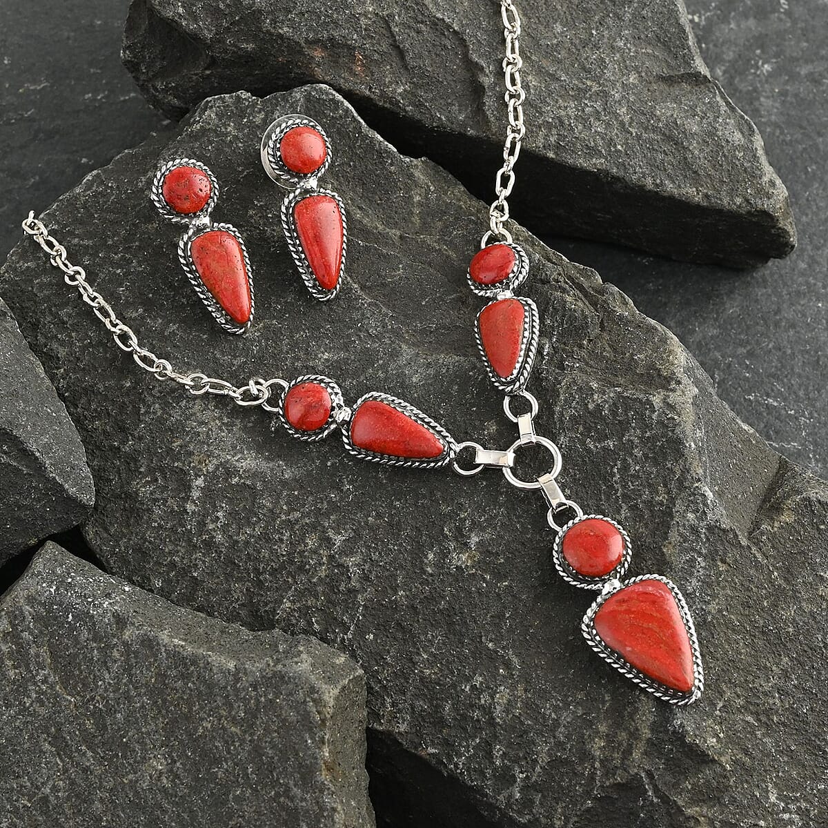 Santa Fe Style Coral Necklace 19 Inches and Earrings in Sterling Silver image number 1