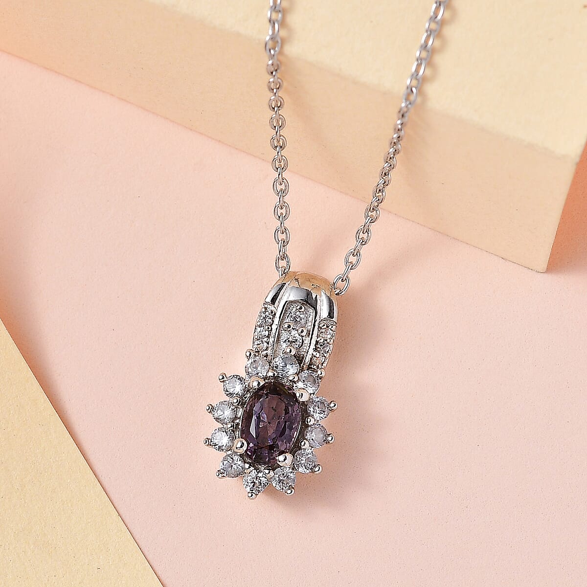 Tanzanian Lavender Spinel and White Zircon Sunburst Pendant Necklace 20 Inches in Platinum Over Sterling Silver 1.00 ctw image number 1