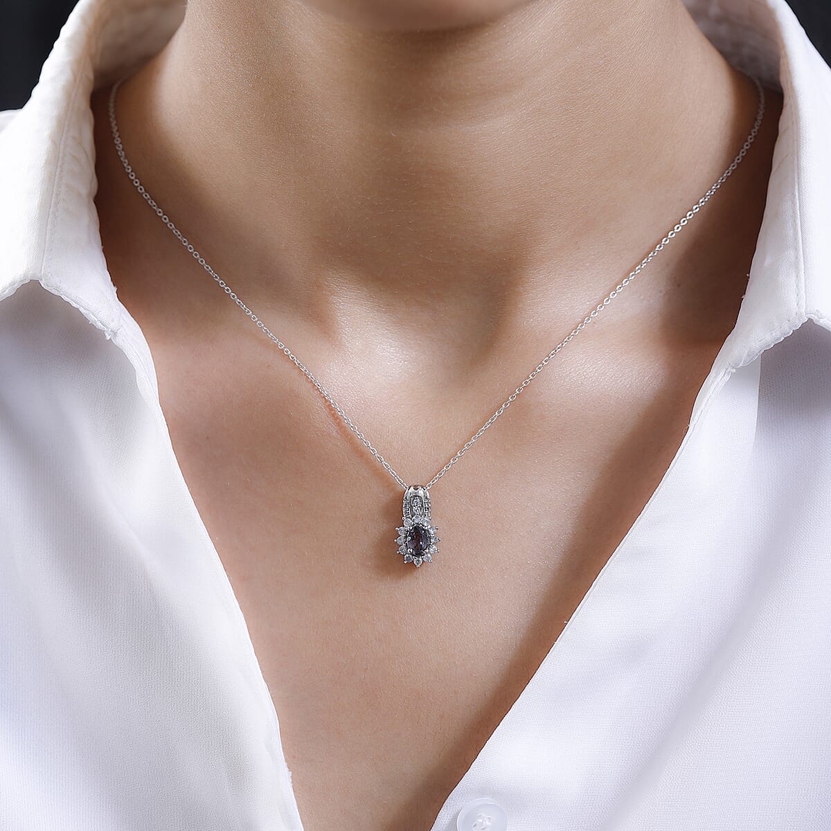 Tanzanian Lavender Spinel and White Zircon Sunburst Pendant Necklace 20 Inches in Platinum Over Sterling Silver 1.00 ctw image number 2