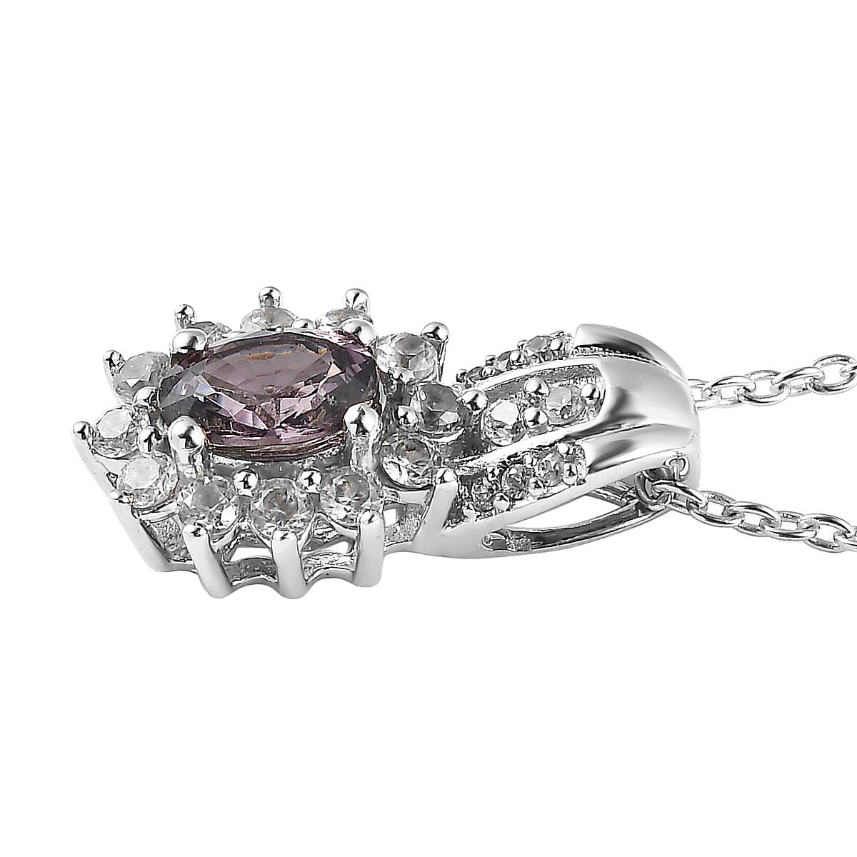 Tanzanian Lavender Spinel and White Zircon Sunburst Pendant Necklace 20 Inches in Platinum Over Sterling Silver 1.00 ctw image number 3