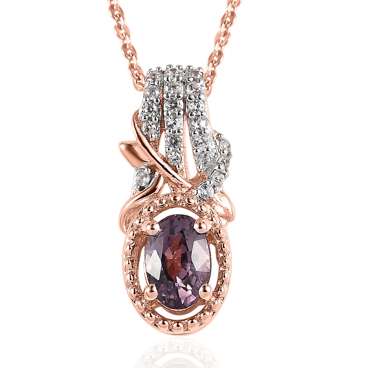 Tanzanian Lavender Spinel and White Zircon Pendant Necklace 20 Inches in Vermeil Rose Gold Over Sterling Silver 0.70 ctw