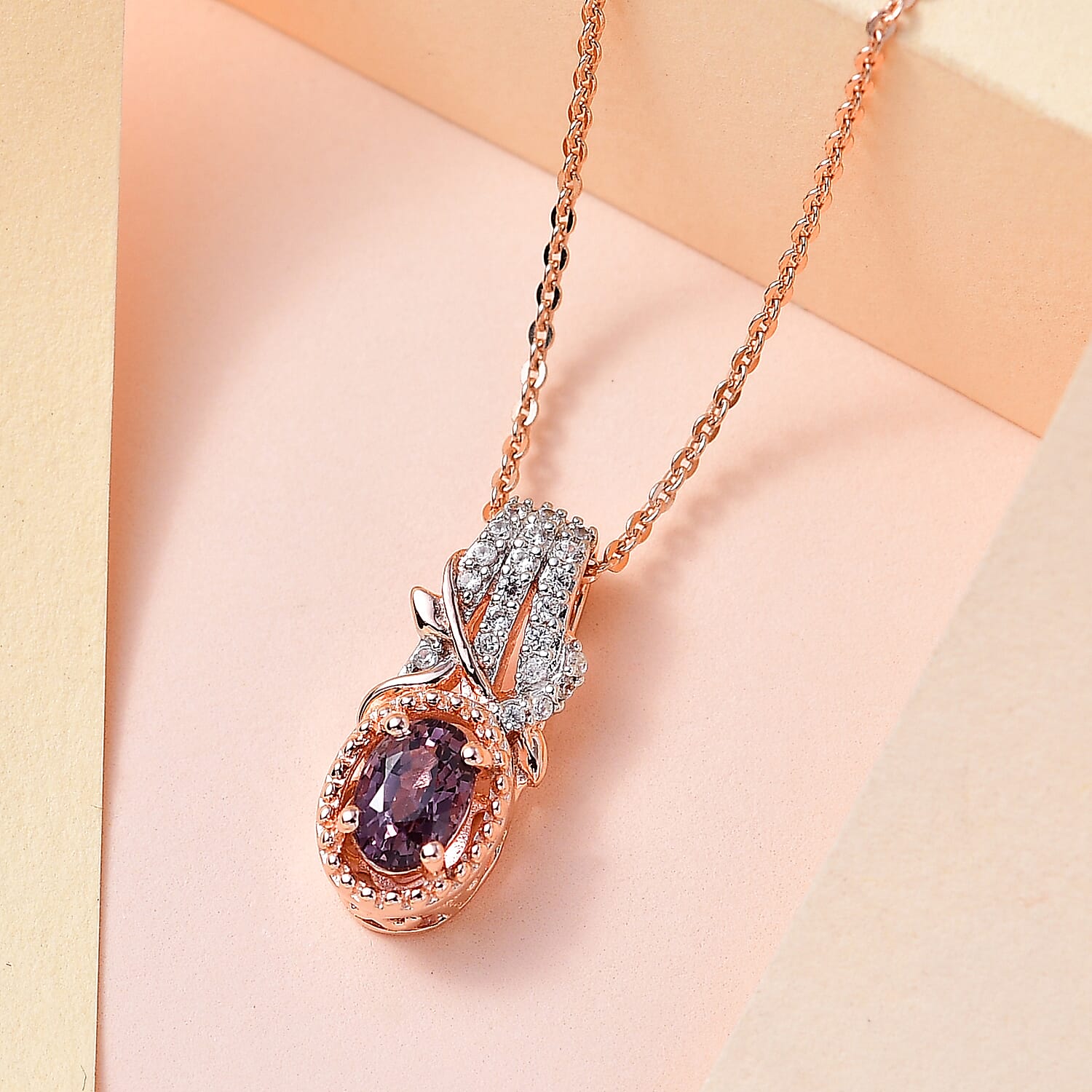 Tanzanian Lavender Spinel and White Zircon Pendant Necklace 20 Inches in Vermeil Rose Gold Over Sterling Silver 0.70 ctw