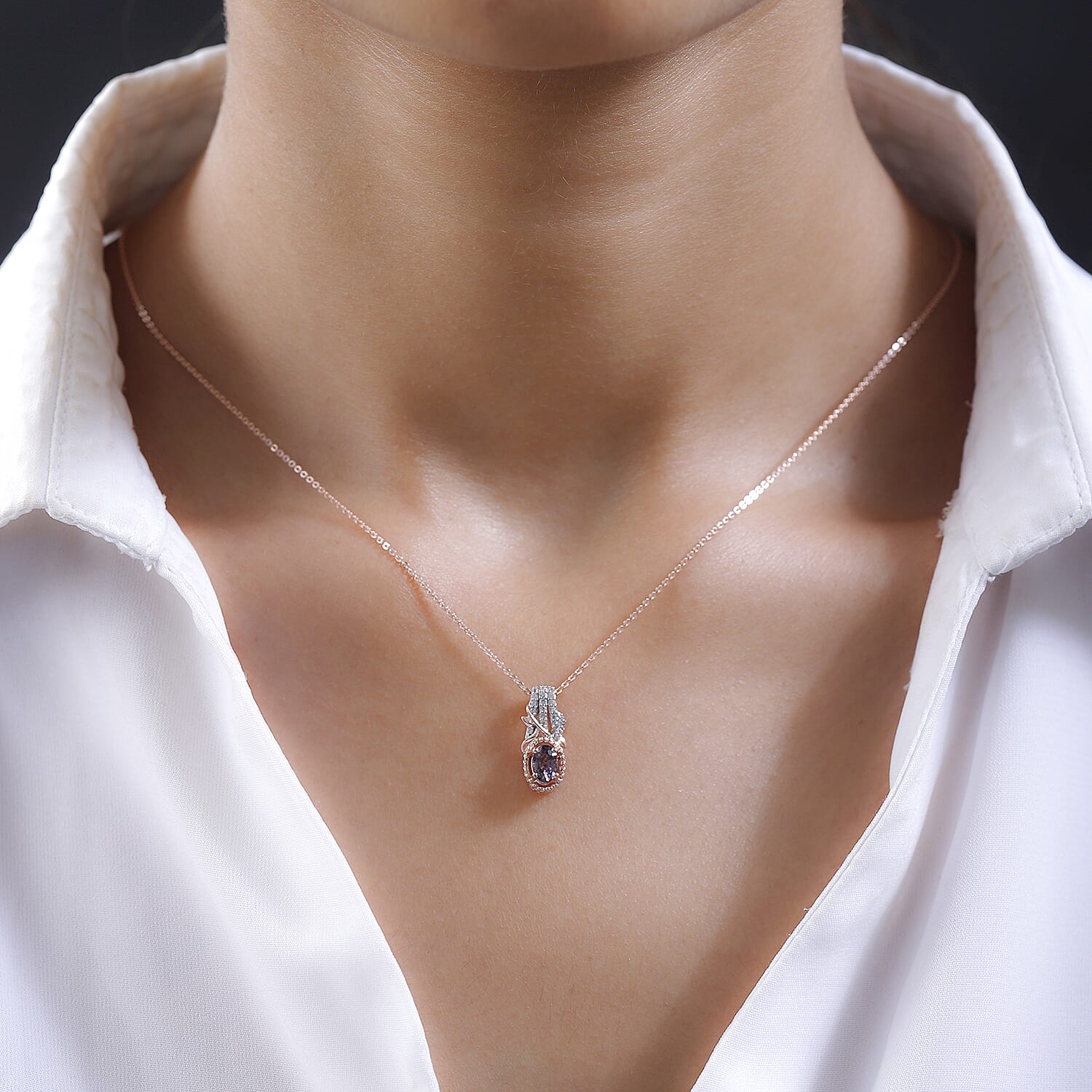 Tanzanian Lavender Spinel and White Zircon Pendant Necklace 20 Inches in Vermeil Rose Gold Over Sterling Silver 0.70 ctw