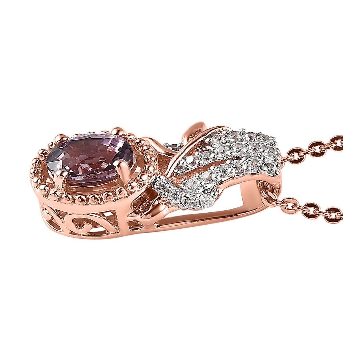Tanzanian Lavender Spinel and White Zircon Pendant Necklace 20 Inches in Vermeil Rose Gold Over Sterling Silver 0.70 ctw