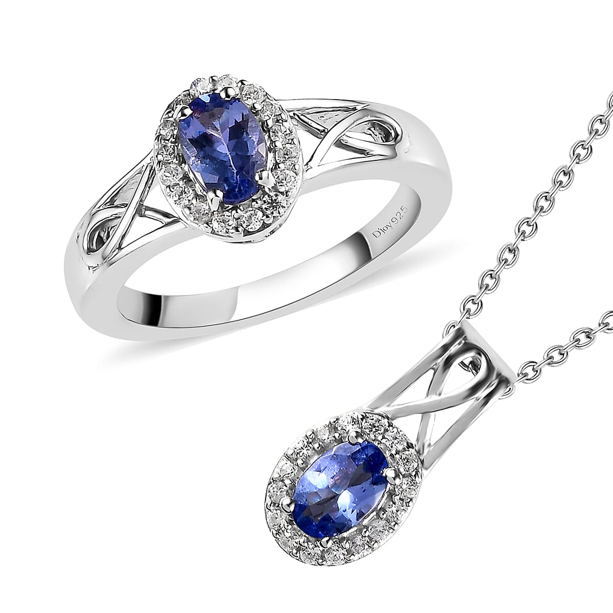 Tanzanite and White Zircon Ring (Size 5.0) and Pendant Necklace 20 Inches in Platinum Over Sterling Silver 1.15 ctw