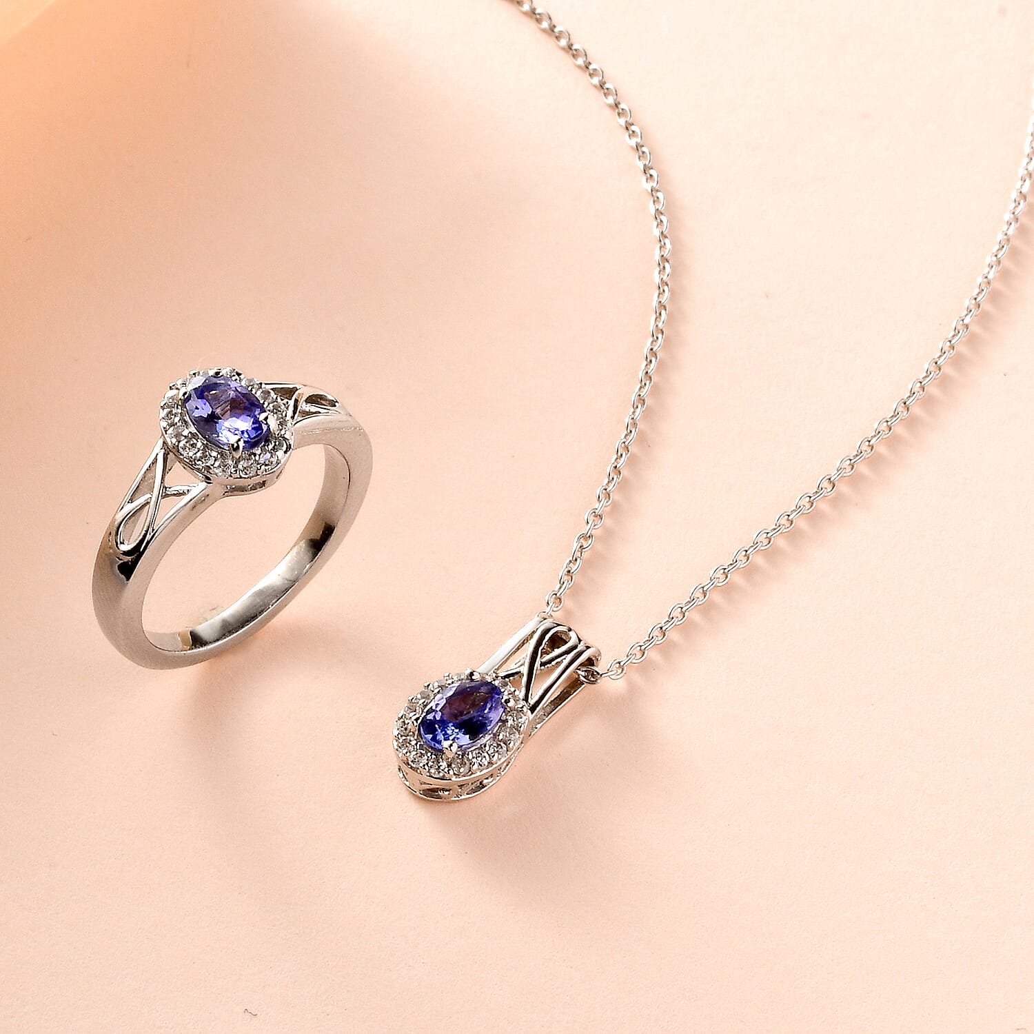 Tanzanite and White Zircon Ring (Size 5.0) and Pendant Necklace 20 Inches in Platinum Over Sterling Silver 1.15 ctw