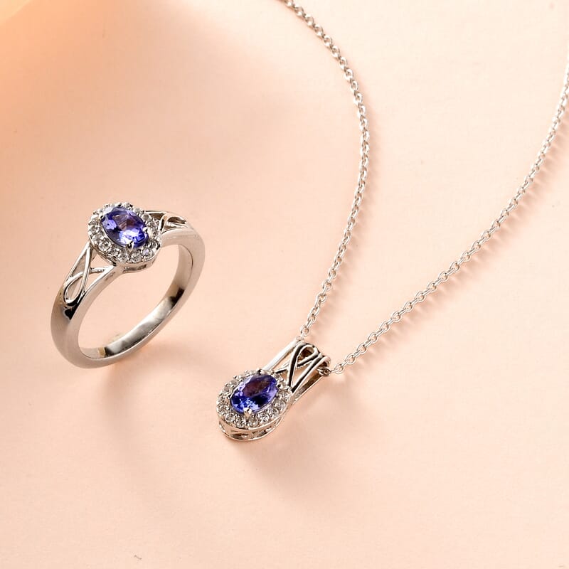 Tanzanite and White Zircon Ring (Size 5.0) and Pendant Necklace 20 Inches in Platinum Over Sterling Silver 1.15 ctw