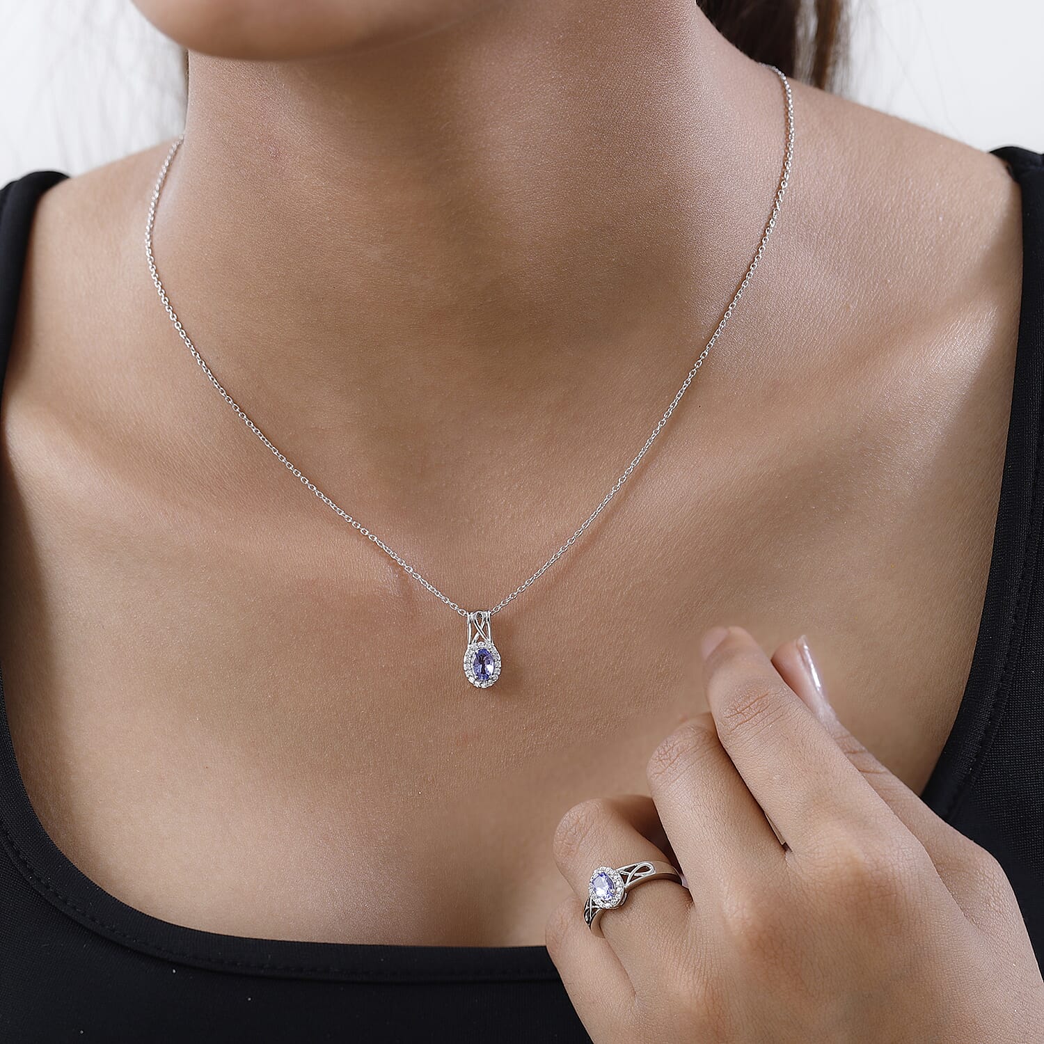Tanzanite and White Zircon Ring (Size 5.0) and Pendant Necklace 20 Inches in Platinum Over Sterling Silver 1.15 ctw