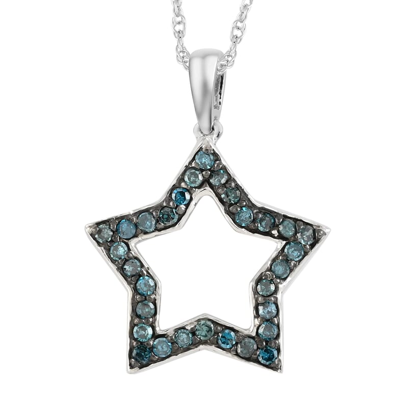 Blue Diamond Star Pendant Necklace 18 Inches in Platinum Over Sterling Silver 0.40 ctw