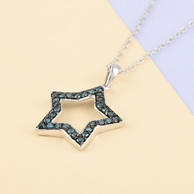 Blue Diamond Star Pendant Necklace 18 Inches in Platinum Over Sterling Silver 0.40 ctw
