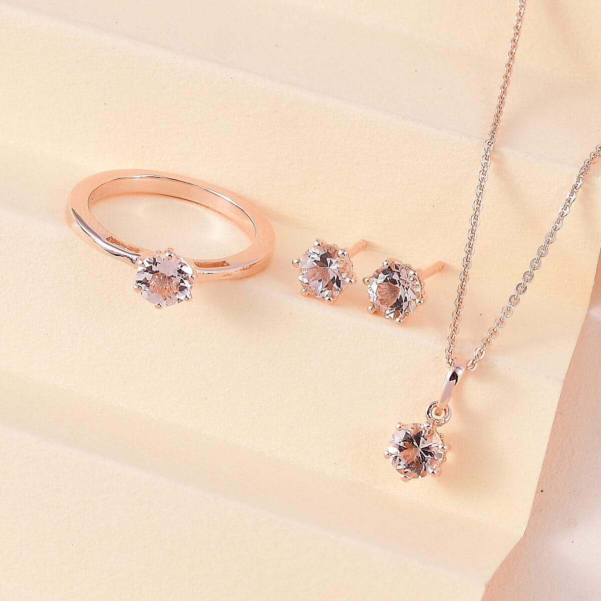 Marropino Morganite Solitaire Ring , Stud Earrings and Pendant Necklace 20 Inches in Vermeil Rose Gold Over Sterling Silver 2.00 ctw image number 1