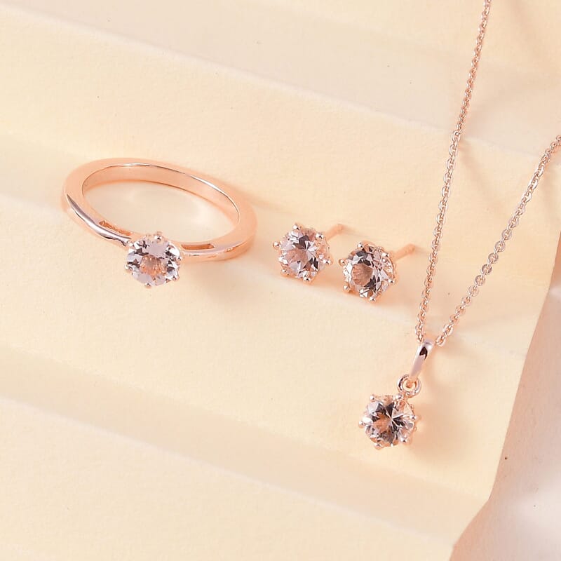 Marropino Morganite Solitaire Ring (Size 5.0), Stud Earrings and Pendant Necklace 20 Inches in Vermeil Rose Gold Over Sterling Silver 2.00 ctw