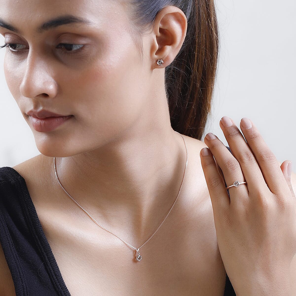 Marropino Morganite Solitaire Ring (Size 8.0), Stud Earrings and Pendant Necklace 20 Inches in Vermeil Rose Gold Over Sterling Silver 2.00 ctw image number 2