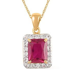 Lab Created Ruby and White Zircon Pendant Necklace 18 Inches in 14K YG Over Sterling Silver 3.60 ctw