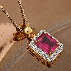 Lab Created Ruby and White Zircon Pendant Necklace 18 Inches in 14K YG Over Sterling Silver 3.60 ctw