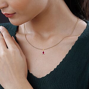 Lab Created Ruby and White Zircon Pendant Necklace 18 Inches in 14K YG Over Sterling Silver 3.60 ctw