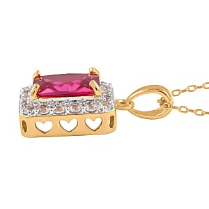 Lab Created Ruby and White Zircon Pendant Necklace 18 Inches in 14K YG Over Sterling Silver 3.60 ctw