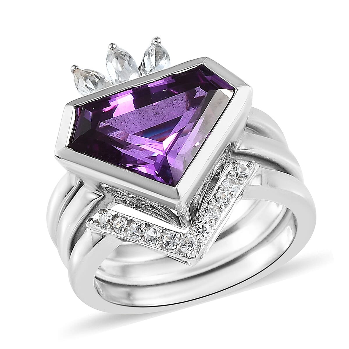 Lab Grown Color Change Sapphire and White Zircon Set of 3 Stackable Ring in Platinum Over Sterling Silver (Size 5.0) 7.25 ctw