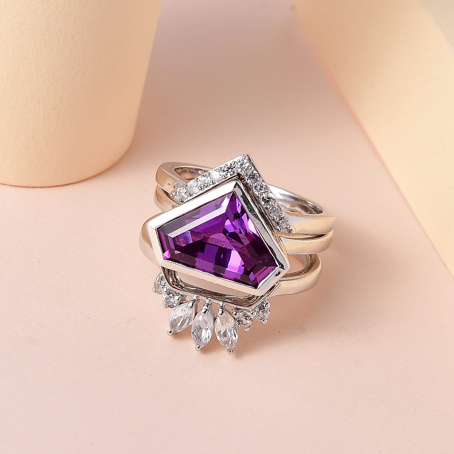 Lab Grown Color Change Sapphire and White Zircon Set of 3 Stackable Ring in Platinum Over Sterling Silver (Size 5.0) 7.25 ctw