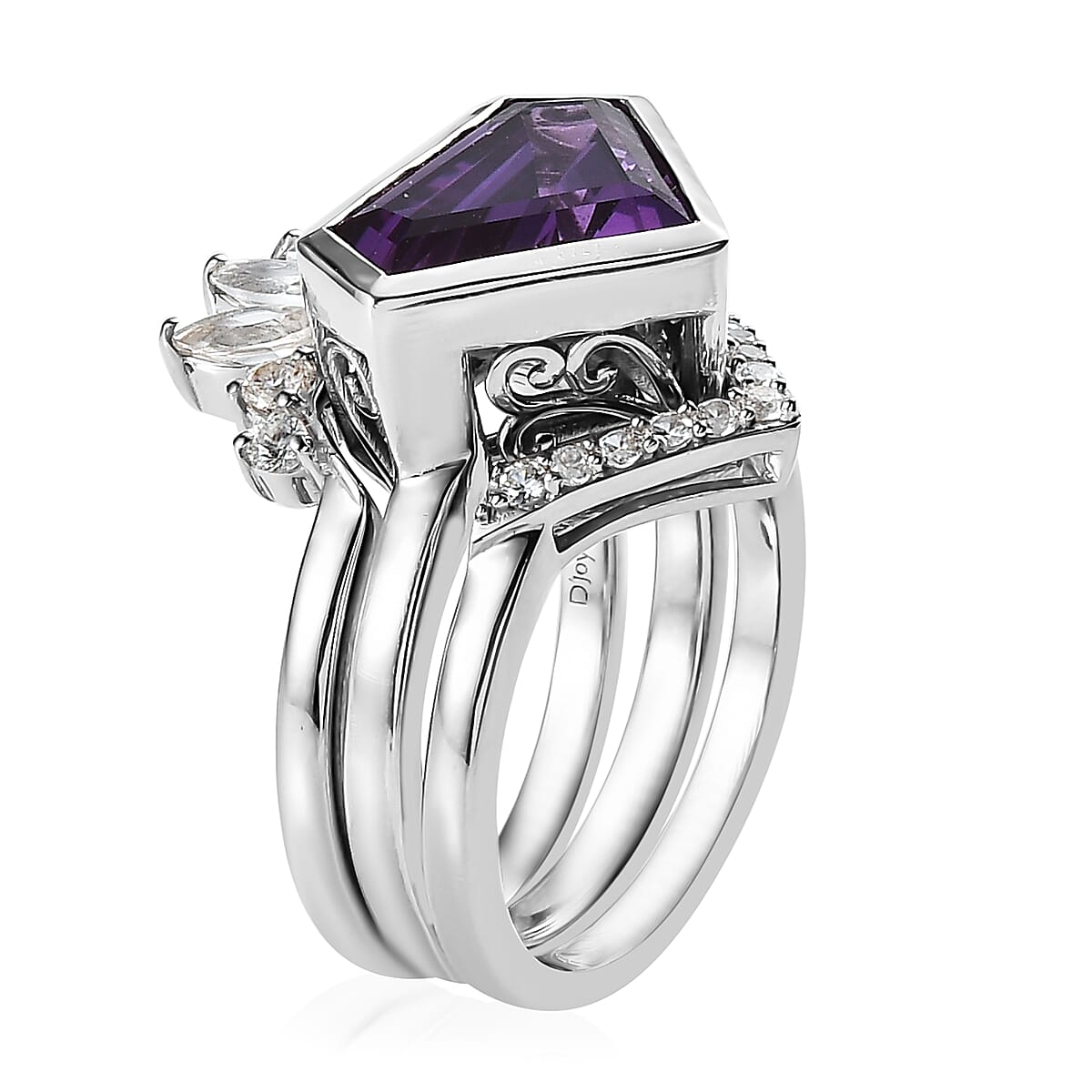 Lab Grown Color Change Sapphire and White Zircon Set of 3 Stackable Ring in Platinum Over Sterling Silver (Size 5.0) 7.25 ctw